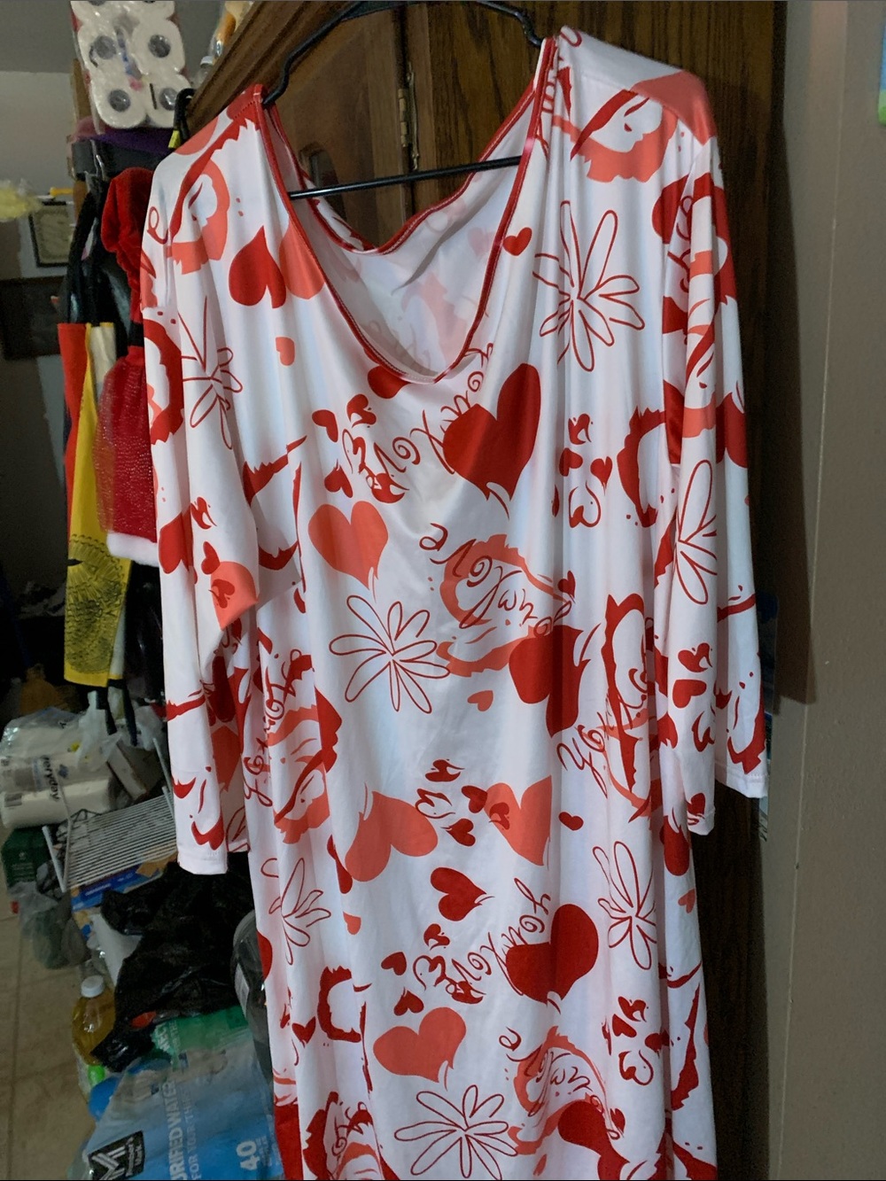 Women's White Nightgown with Red Heart & Floral Print